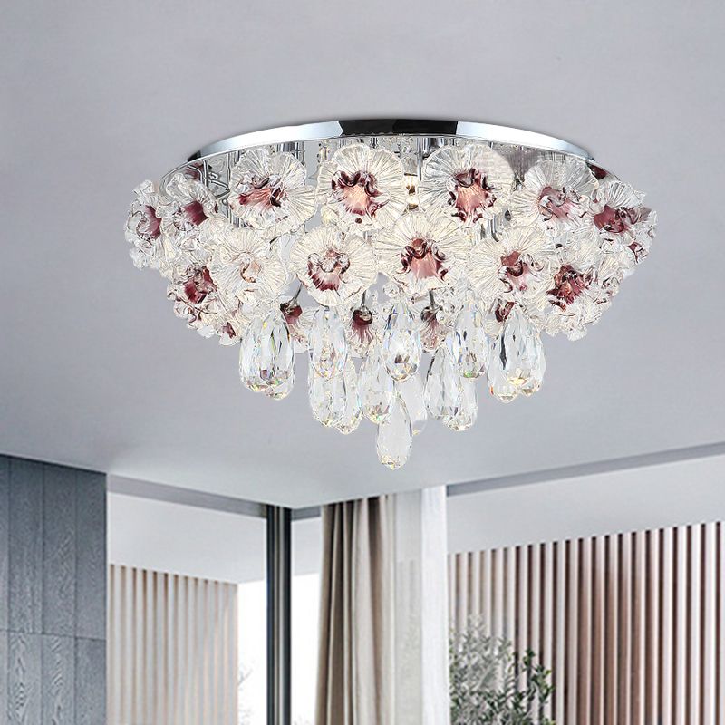 3 Lights Flushmount Lighting Contemporary Blooming Clear Crystal Flower Ceiling Lamp for Living Room