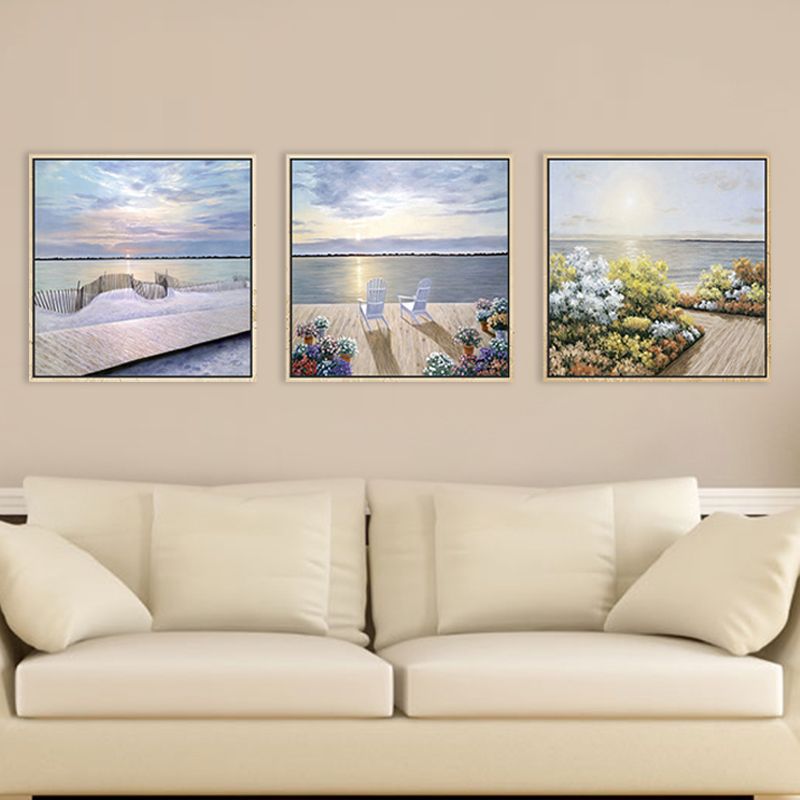 Coastal Balcony Sunrise View Canvas Tropical Textured Wall Art in Light Purple