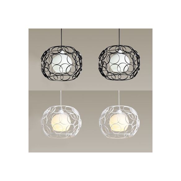 Círculos de metal Diseño Lámpara colgante 2 bombillas Iluminación colgante de interior con sombra de vidrio interior y marco de alambre en negro/blanco