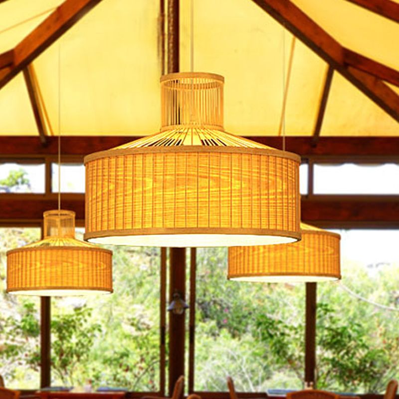 Urn Pendant Lighting Chinese Bamboo 1 Head Beige Ceiling Suspension Lamp, 18"/23.5" Wide