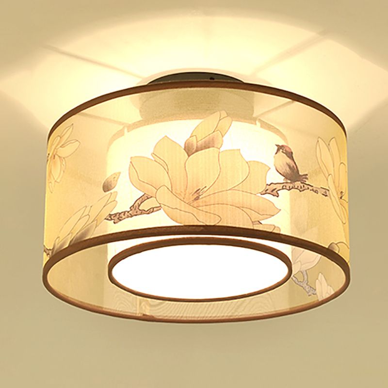 Chinese Style Flush Light Fabric Flush Mount Ceiling Fixture for Living Room