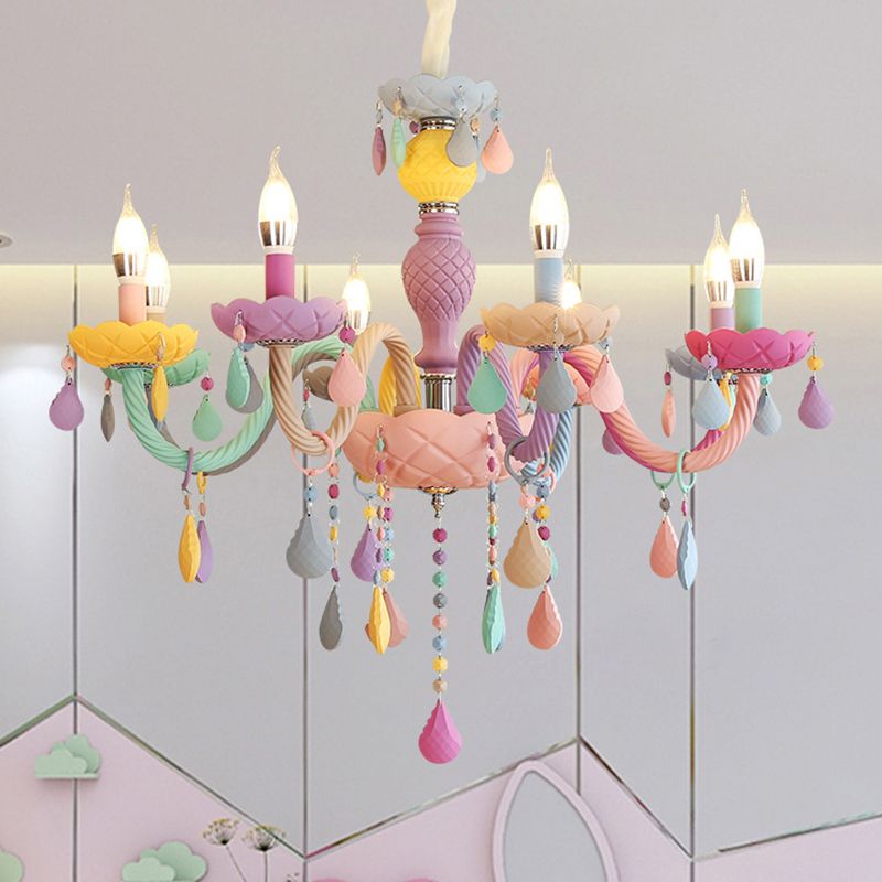 Candelabra Ceiling Chandelier Macaron Colorful Glass Kids Bedroom Pendant Light in Purple