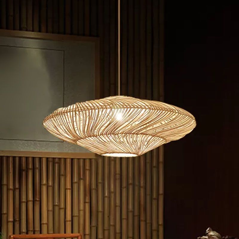 Handcrafted Suspension Lighting Minimalist Rattan 1 Head Restaurant Pendant Ceiling Light in Wood