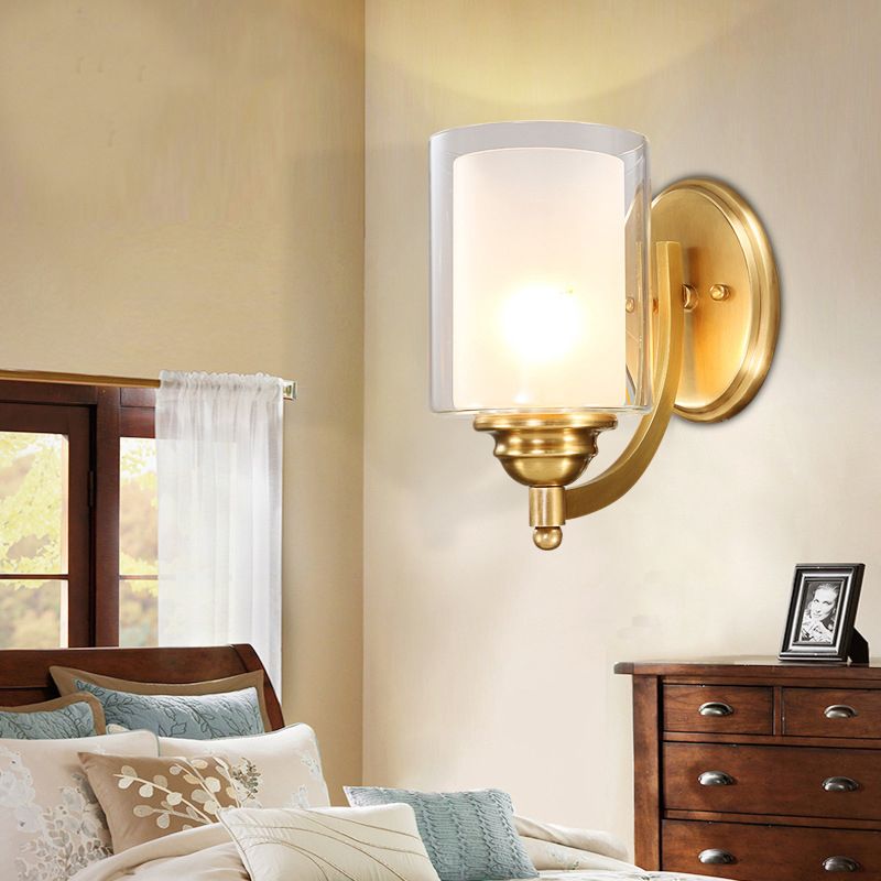 Zylindrische Innenwand Wandleuchte moderne Stil Doppelglas 1/2-Kopf-Messing-Wandlampe für Schlafzimmer