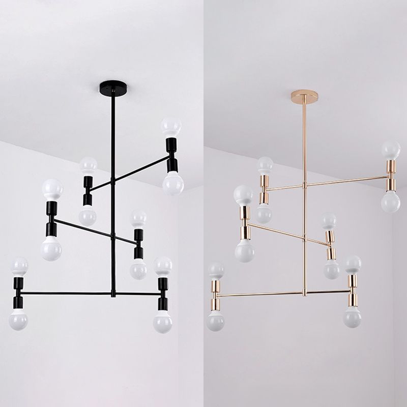 Postmodern 3-Arm Chandelier Metallic 12-Bulb Living Room Hanging Lamp with Shadeless Design