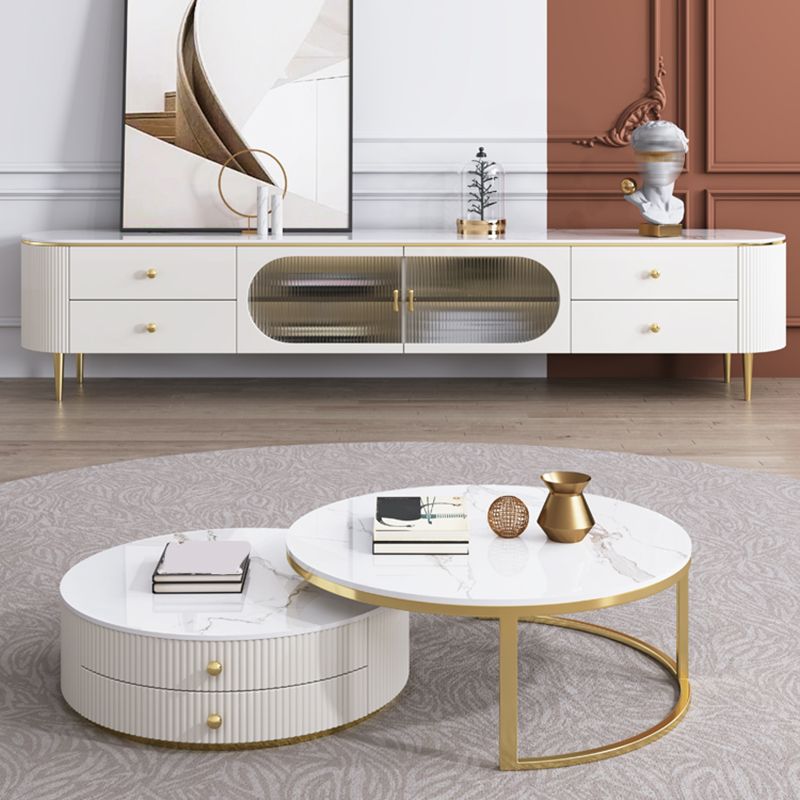 Slate Round Coffee Table Glam Nesting Coffee Table Set with Drawers