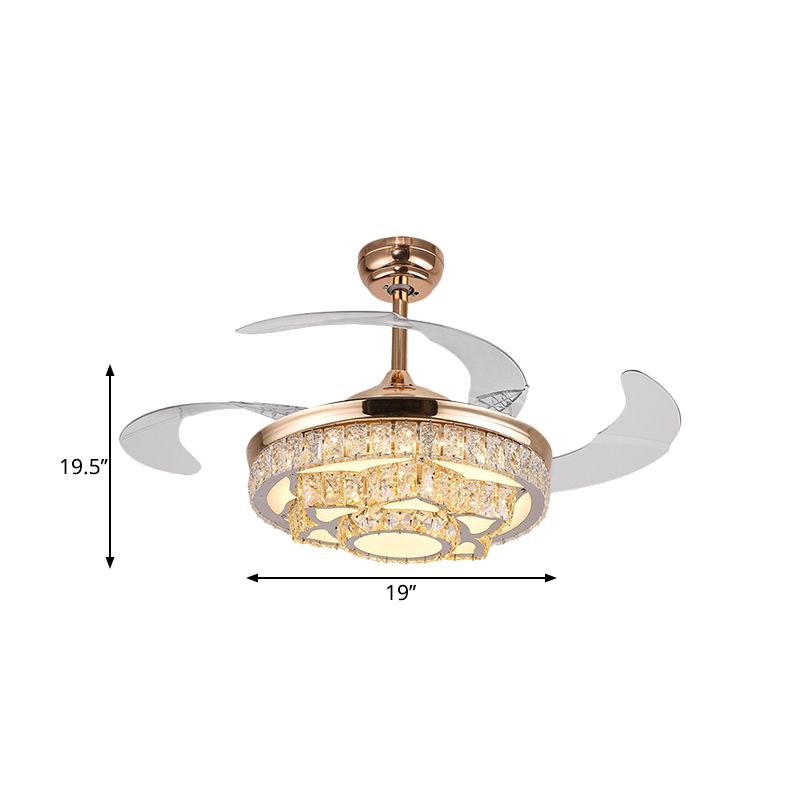 Eenvoudige lotus hangende ventilatorlamp kristalblok 19 "brede led -slaapkamer semi -flush licht in goud/chroom met 4 messen