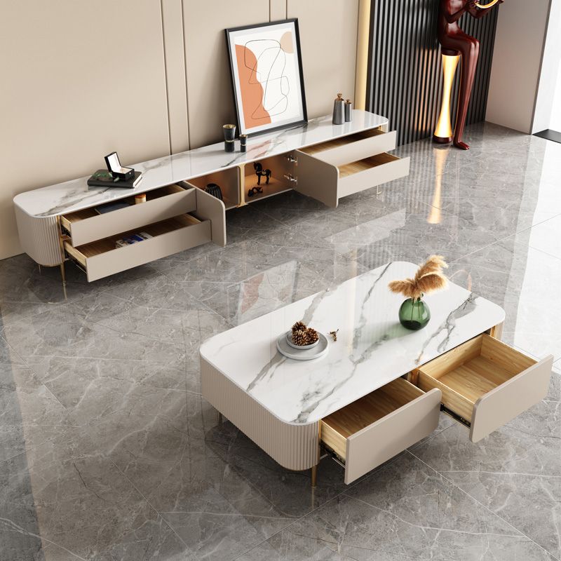 Contemporary Stone Single Coffee Table 4 Legs Coffee Cocktail Table with Storage Drawers