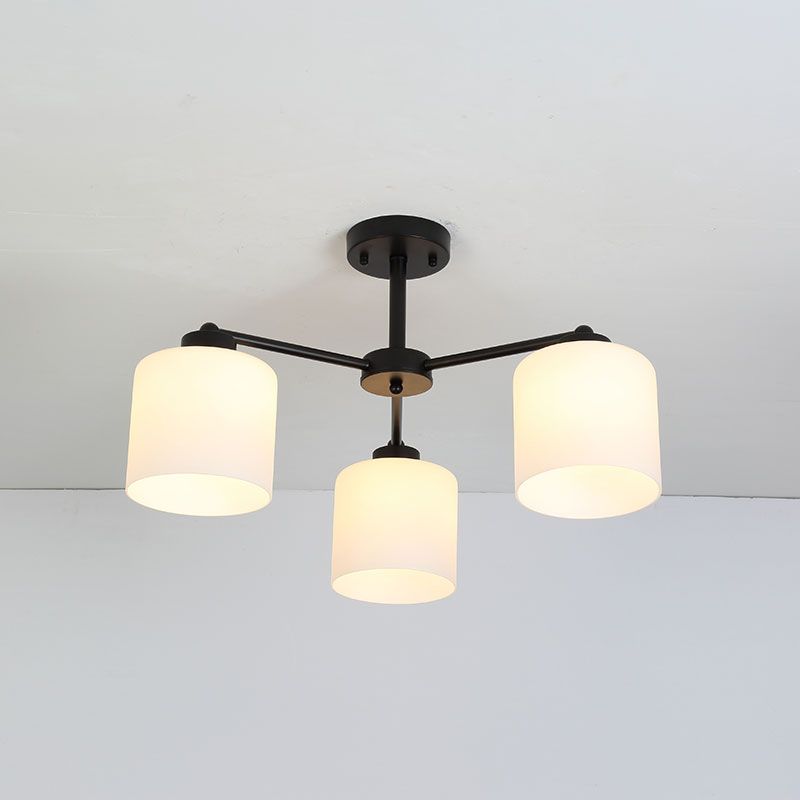 Cylinder Shaped Bedroom Ceiling Lighting Rustic Opal Glass Black Finish Chandelier Light