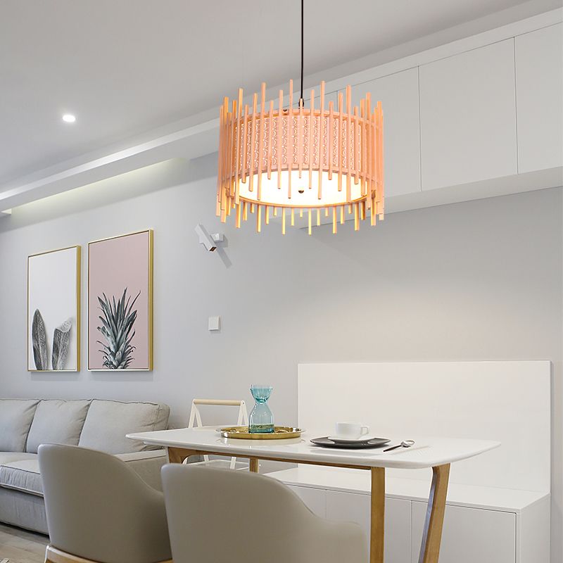 Colgante de suspensión cilíndrica madera retro 1 bulbo beige kit de luz colgante con sombra de PVC blanca interna