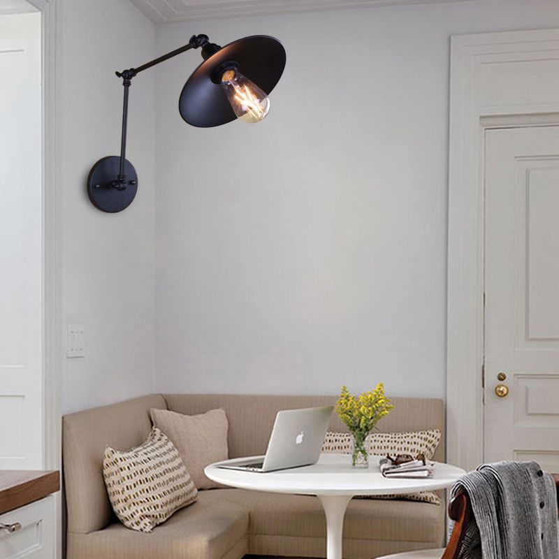 Metal Black/White Wall Sconce Swing Arm 1 Light Living Room Sconce Light Fixture with Saucer Shade