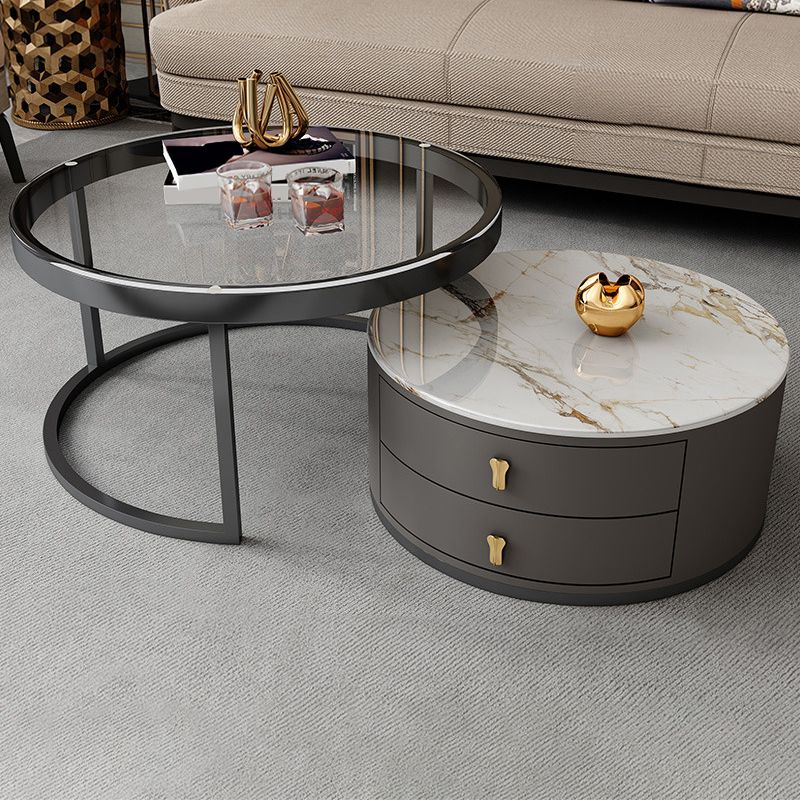 Modern Coffee Cocktail Table Round Nesting Coffee Table Set with Drawer