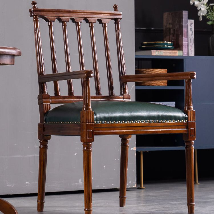 Traditional Study Room Leather Arm Chair Walnut Slat Back Dining Chair