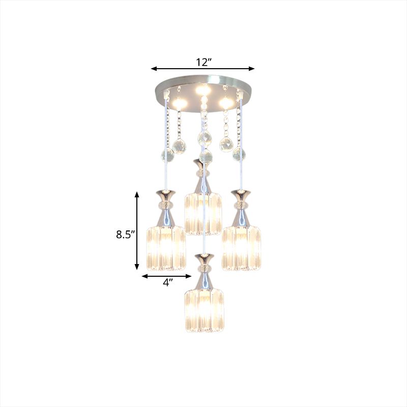Silber Finish Zylinder mehrere hängende Licht moderne 4 Köpfe Kristallblockpendel Lampe