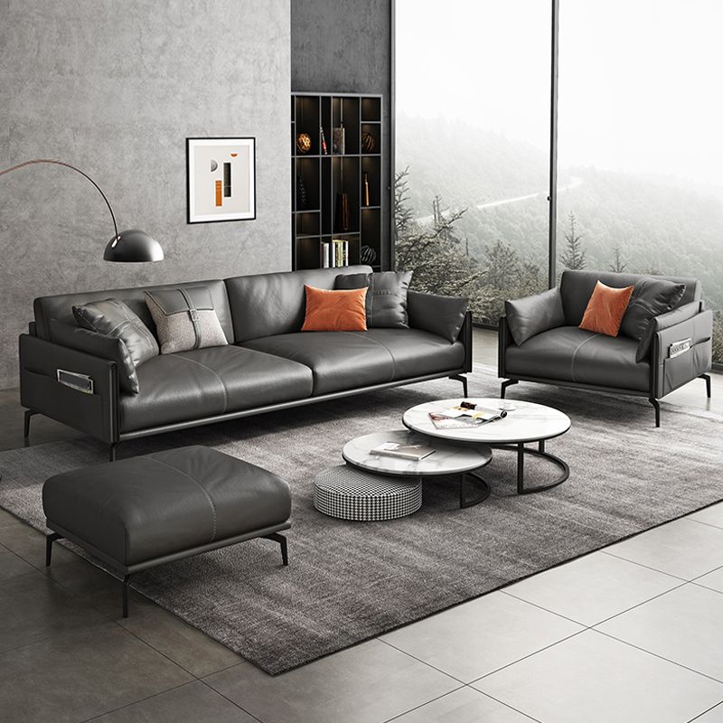 Mid-Century Modern Loose Back Sofa Gray Genuine Leather Aqure Arm Sofa