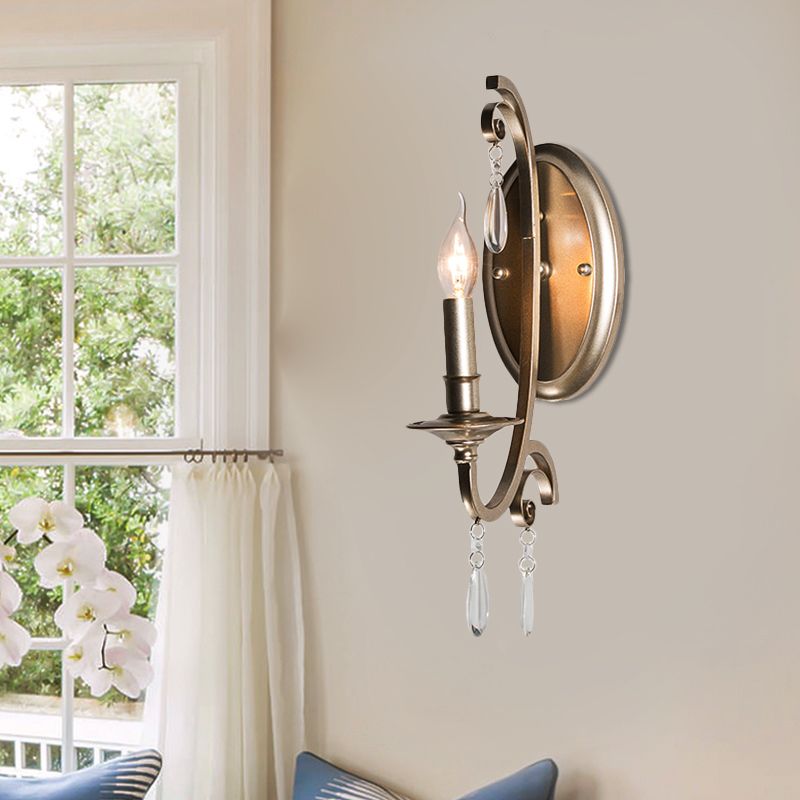 1/2 Lights Wall Lamp Lighting Country Curved Arm Metal Sconce Light Fixture in Champagne with Crystal Decoration