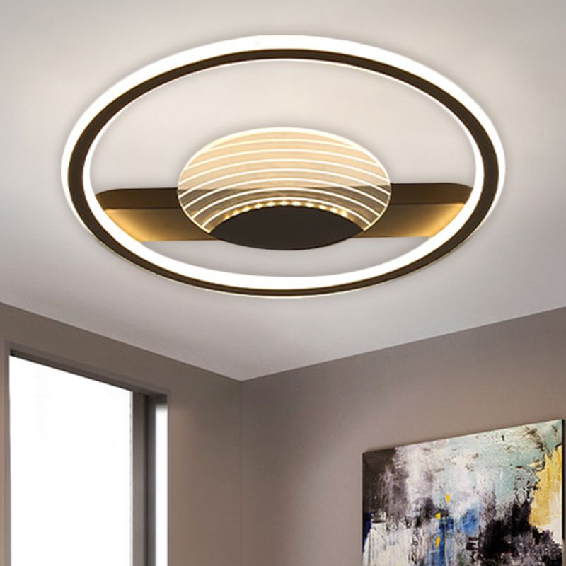 Minimalism Circle and Line Ceiling Lamp Metallic 16"/19.5" W LED Bedroom Flush Mount Fixture in Black/Gold, Warm/White Light