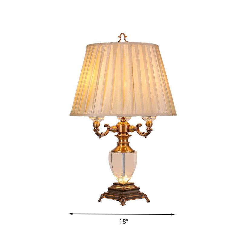 Pleated Shade Bedroom Table Light Rustic Fabric 3 Lights Beige Nightstand Lamp with Crystal Accent