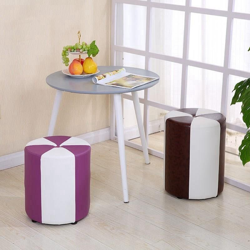 Modern Ottoman Faux Leather Upholstered Stripe Printed Cylinder Shape Ottoman