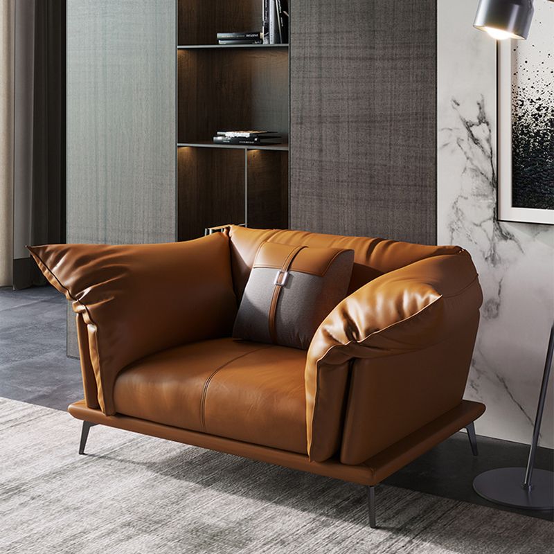 Genuine Leather Modern Orange Sofa Tuxedo Arm Sofa with Pillows