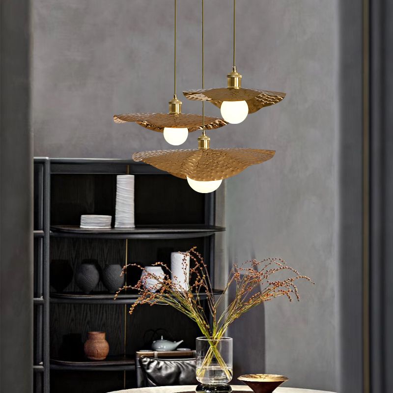 Hammered Metal Lotus Leaf Pendant Lamp Creative Postmodern 1-Light Brown Hanging Ceiling Light