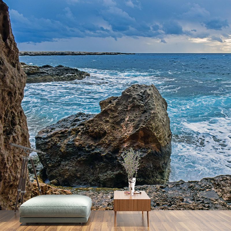 Photography Sea Mural Wallpaper for Living Room Wall Covering in Soft Color