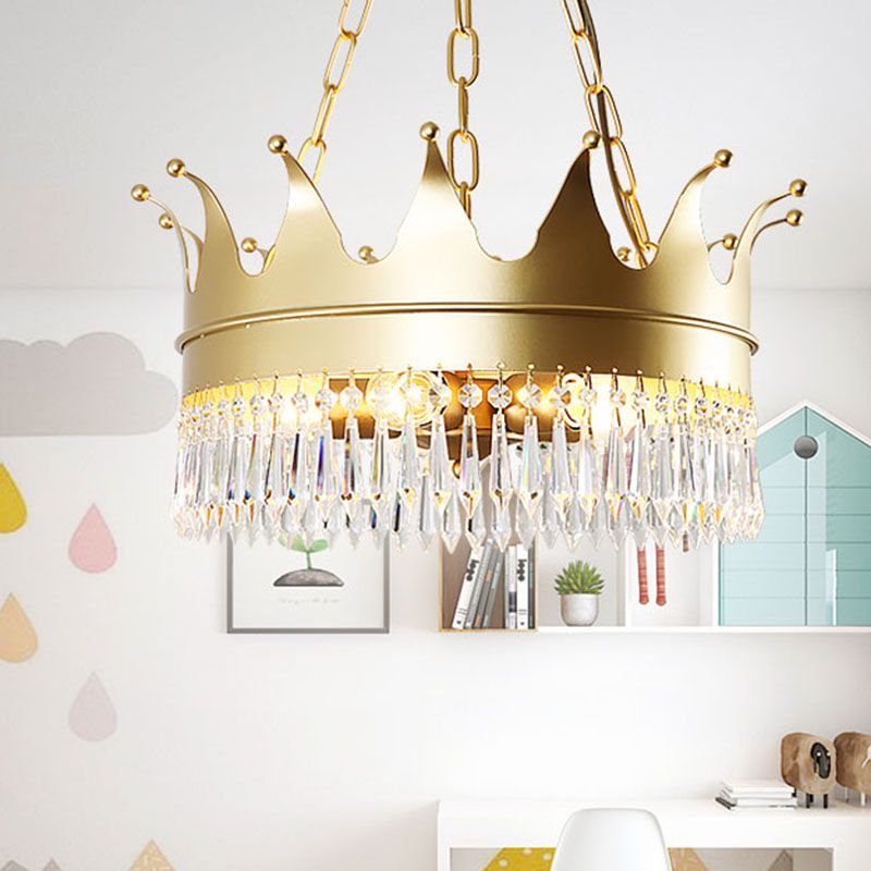 Gold 5 cabezas de lámpara iluminación tradicionalismo de cristal facetado corona colgante de techo para dormitorio