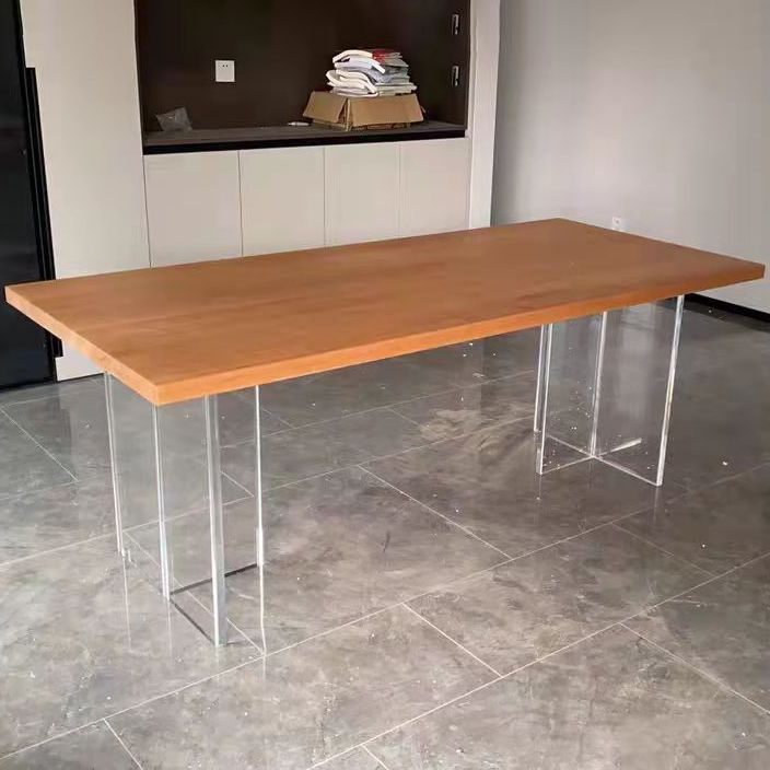 Mesa de restaurante moderna de mesa de madera de pino con base de pedestal doble acrílico