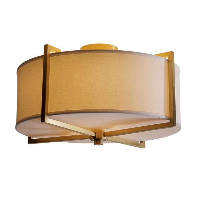 5 Lights Round/Square Flush Mount Lamp Rustic White Fabric Ceiling Light Fixture with X-Brace in Brass