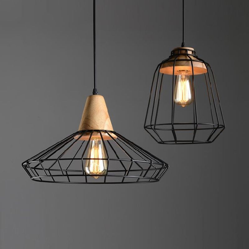 Lampada sospesa in gabbia a 1 luce Rustico in metallo in metallo illuminazione a sospensione commerciale con presa in legno