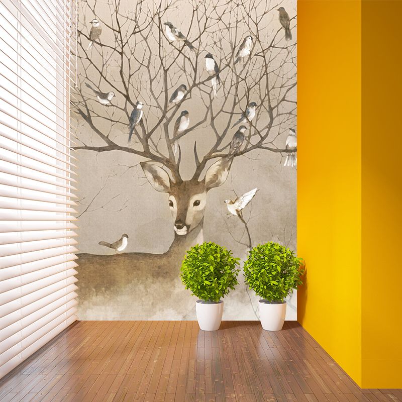 Large Animal Murals for Home Deer with Bird Patterned Wall Art in Brown, Waterproof