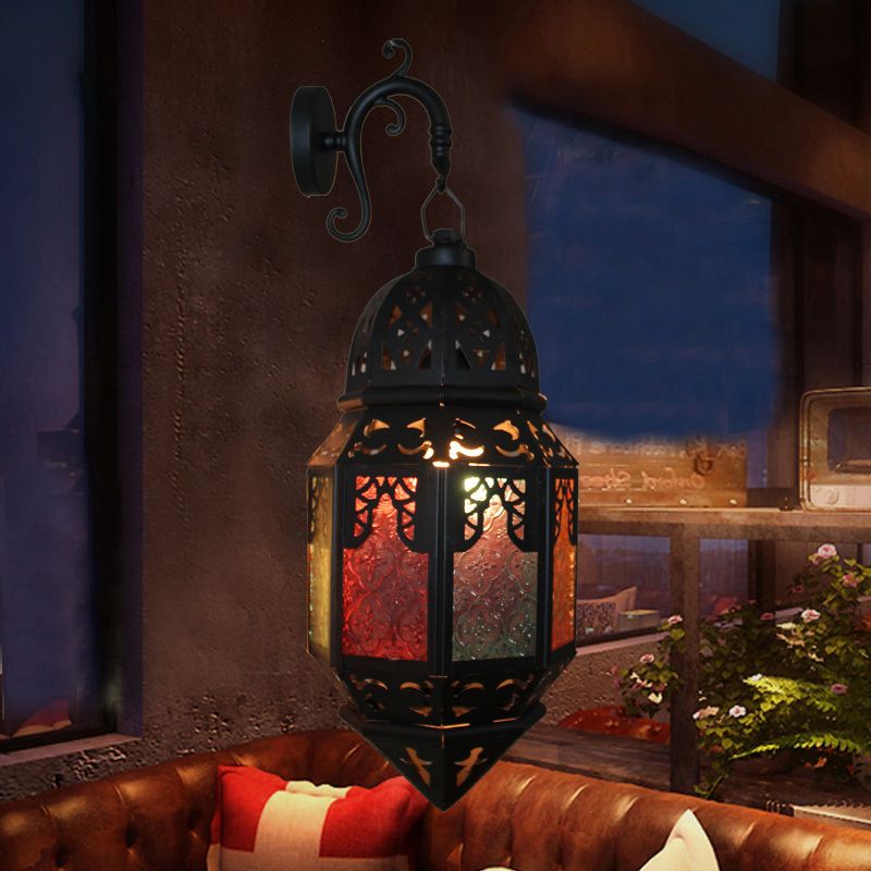 Stained Art Glass Censer Wall Lamp Turkish Single-Bulb Bistro Lantern Sconce in Black