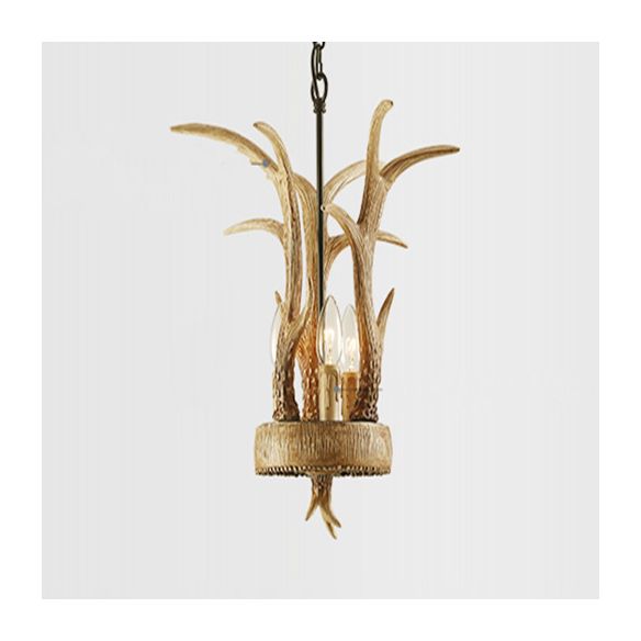 Antler Horn Chandelier Light Lodge Style 3 Lights Resin Pendant Lighting in Wood