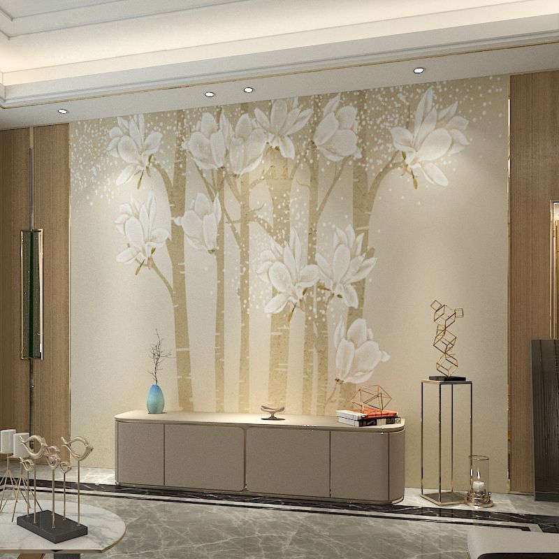 Customized Illustration Minimalist Mural Wallpaper for Living Room with Elegant Magnolia in Beige and Yellow