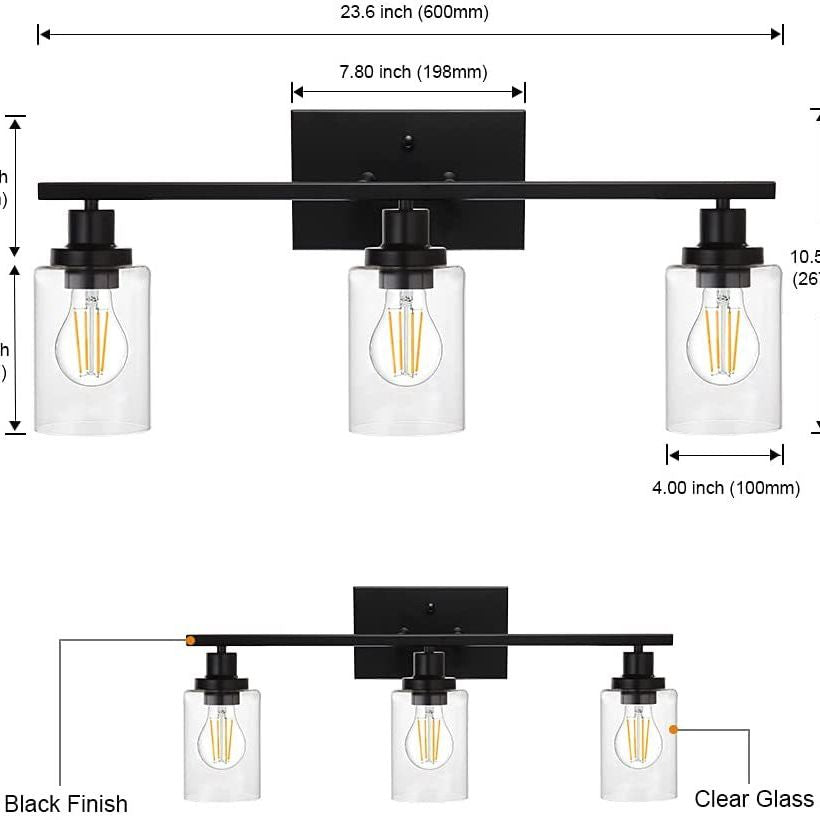 3-Licht-Zylinder Waschtischwandleuchten Retro Industrial Style Glass Waschtisch Licht