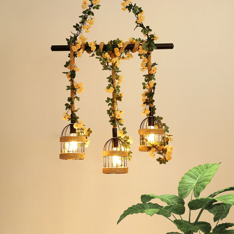 Birdcage Restaurant Island Lighting Industrial Hemp Rope 3/5-Light Black Ceiling Suspension Lamp