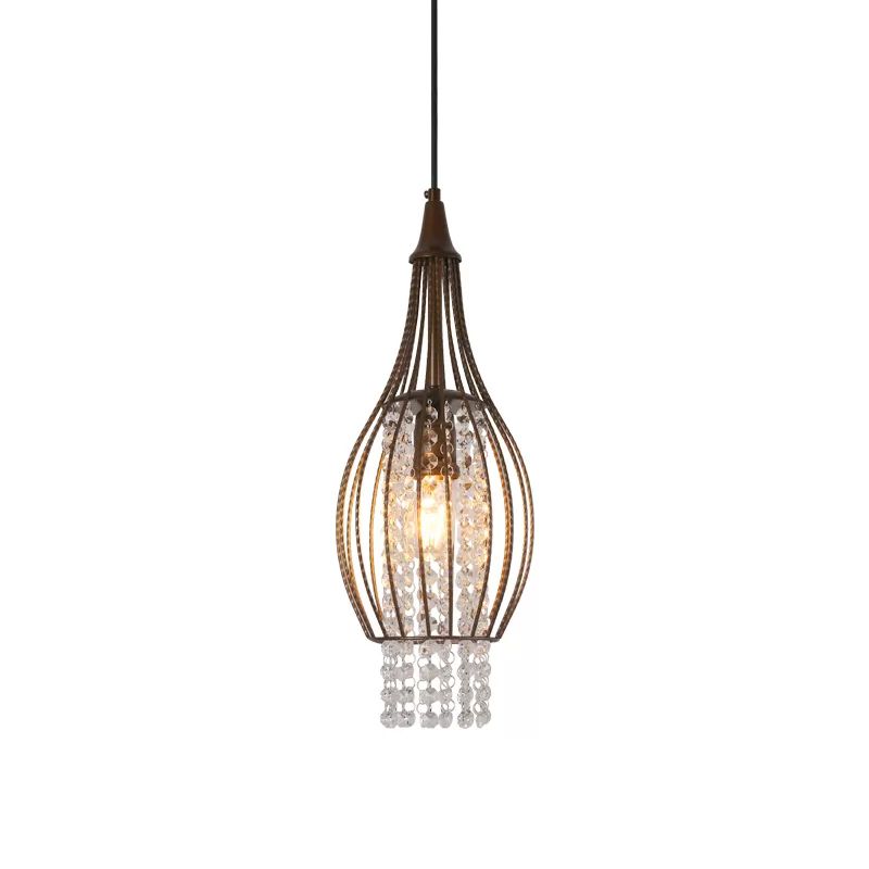 Pear-Shape Frame Restaurant Pendant Metallic 1 Light Minimalist Down Lighting with Crystal Strands in Coffee
