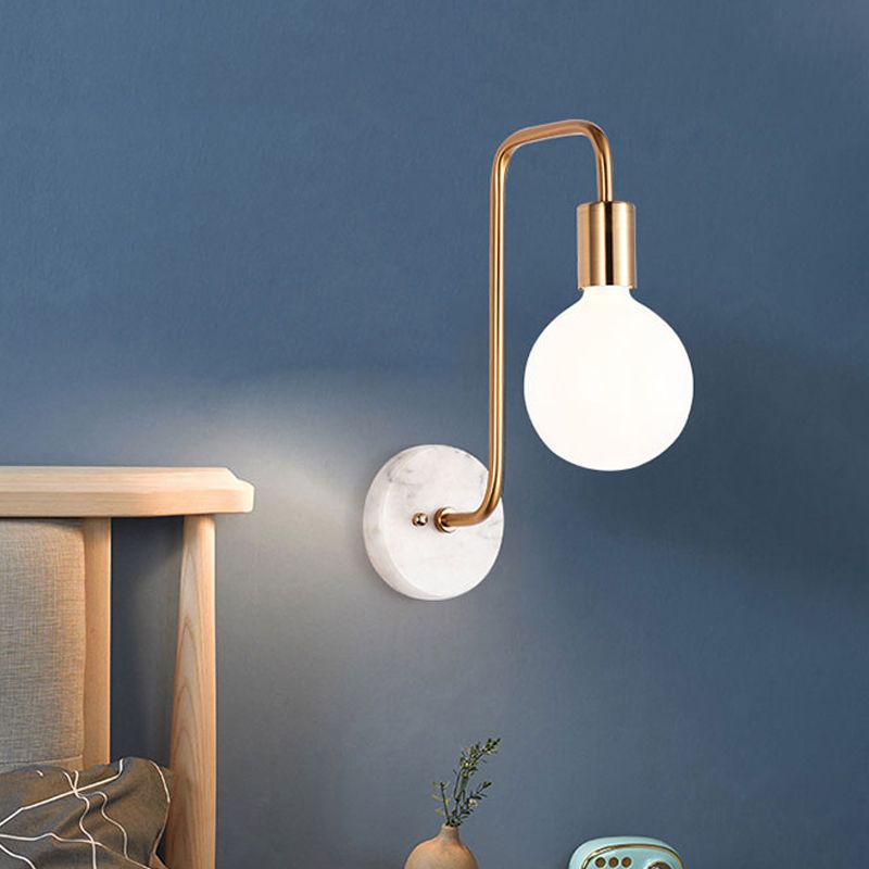 Gold Sphere Sconce Light Fixture Modernism 1-Head Cream Glass Wall Mounted Lamp with Right Angle Arm