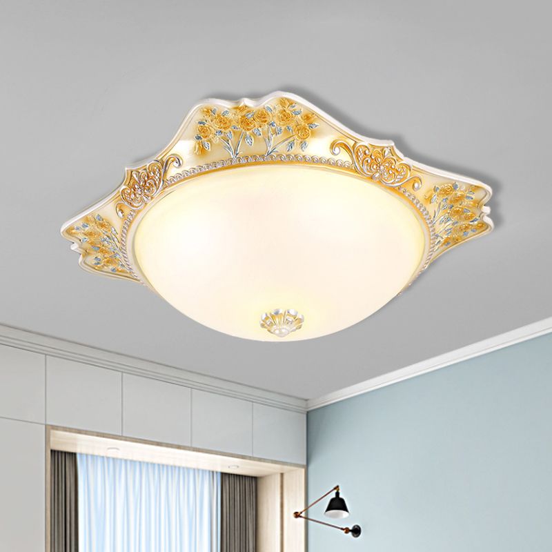 Lampada da soffitto giallo LED vintage opalino di vetro Dome Design a incasso con accento floreale intagliato, 12 "/16 "/19,5" larghezza