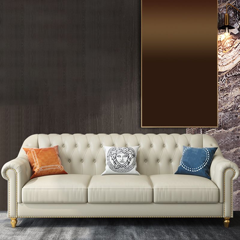 Beige 34.65" H Rolled Arm Glam Sofa with  Nailhead Trim for Living Room