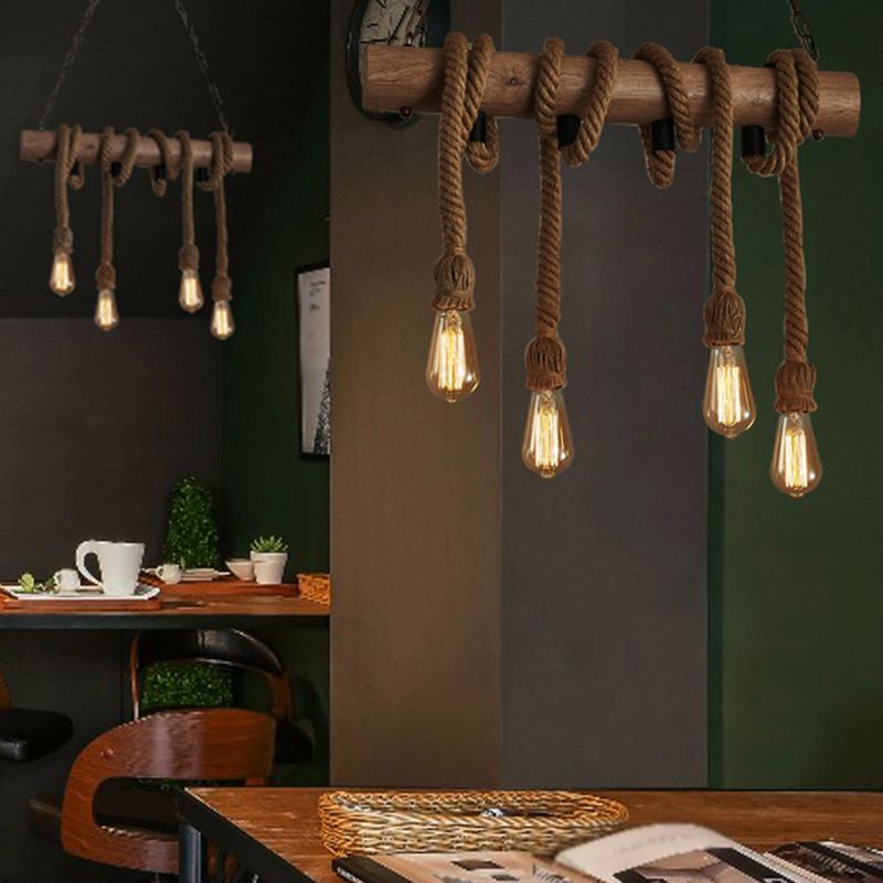4 Heads Island Pendant Light Antique Exposed Bulb Hemp Rope Ceiling Lighting in Wood