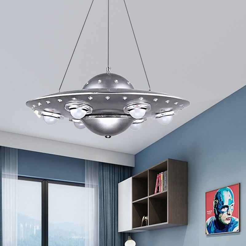 Metal UFO Pendant Light Six Lights Creative Suspension Light in Silver for Boys Bedroom