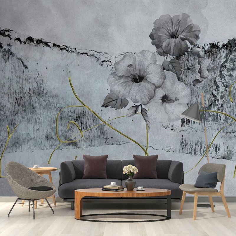 Minimalist Flower Ink Planting Murals Black-Grey Bedroom Wall Covering, Personalized Size