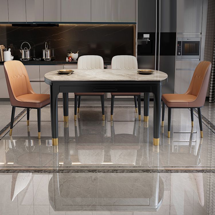Contemporary Extendable Stone Dining Table with Wood Base and Double Drop Leaf