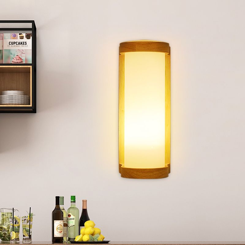 Cylinder Cream Glass Sconce Lighting Japanese Style 1 Light Wood Wall Lamp Fixture for Corner