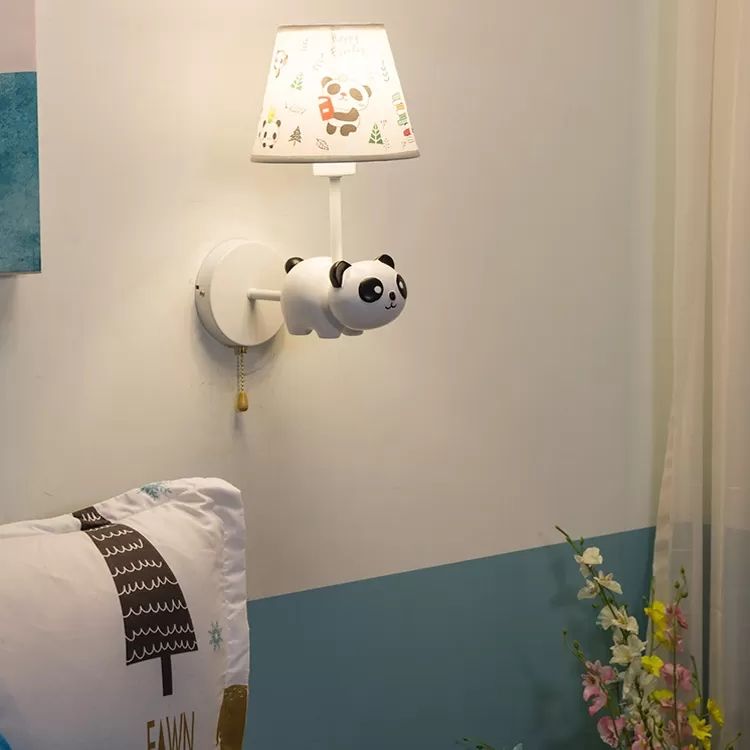 Kindergarten Panda Sconce Light with Fabric Shade Resin 1 Head Animal White Wall Lamp