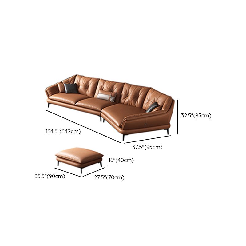 Contemporary Genuine Leather Pillow Top Arm Sofa in Orange for Living Room