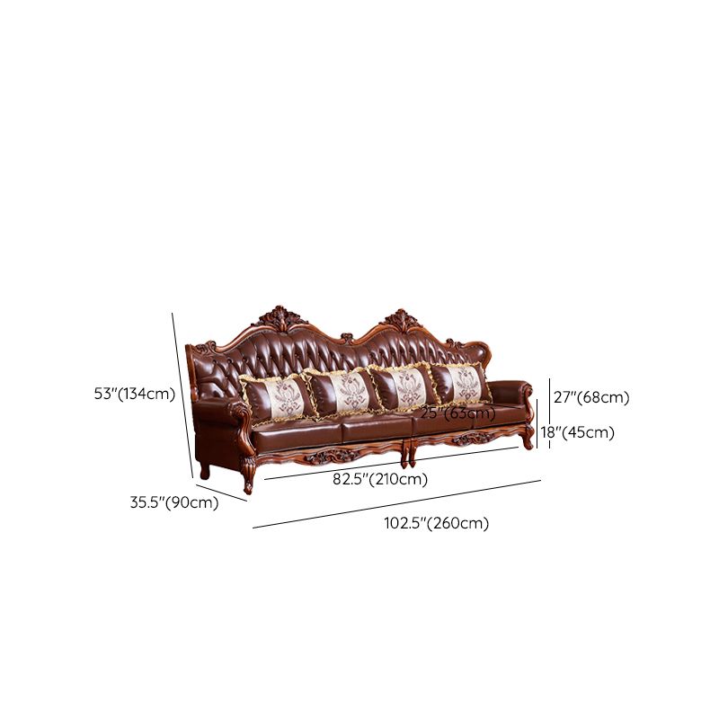 Ornate Traditional Tufted Split-Back Seating Flared Arm Sofa with Pillows in Brown