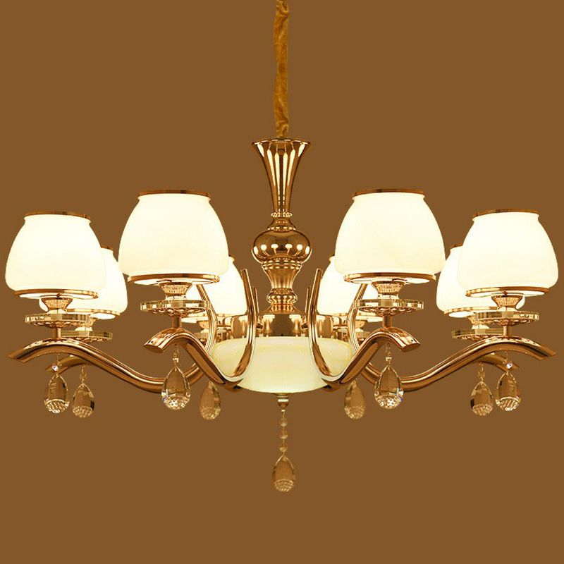 Gold Finish Chandelier Lamp Minimalist Tapered White Glass Hanging Light for Sitting Room