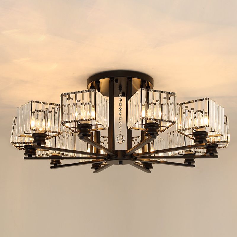 Artistic Radial Suspension Light Metallic Living Room Chandelier Light with K9 Crystal Block Shade